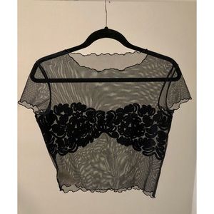 Vintage Armani mesh crop top with lace detail.